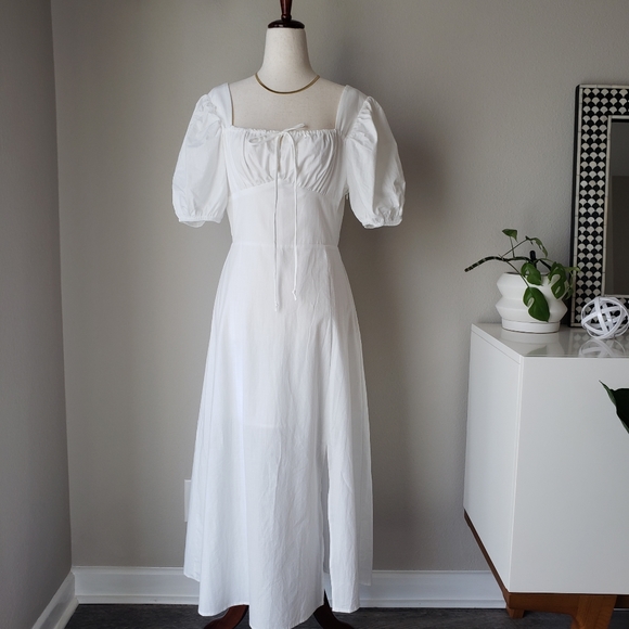 Square Neck Puff Sleeve Tie Bust Midi Maxi Dress - Picture 16 of 16